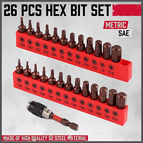25-Piece Hex Bit Set - Premium Allen Key Drill Bit Set, Durable Allen Wrench Drill Bits, Hex Ket Drill Bit Set & Quick Change Bit Holder, SAE Metric Hex Drill Bit Set Strong Magnetic Tips