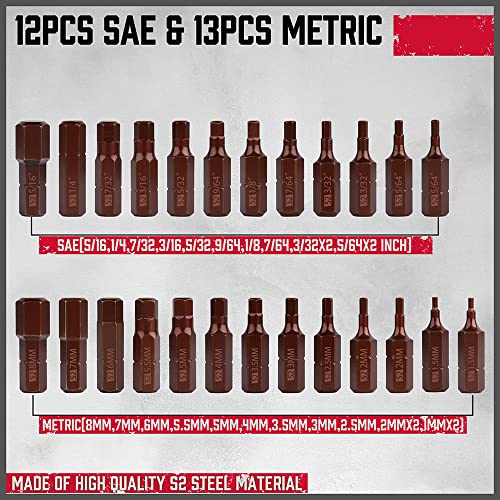 25-Piece Hex Bit Set - Premium Allen Key Drill Bit Set, Durable Allen Wrench Drill Bits, Hex Ket Drill Bit Set & Quick Change Bit Holder, SAE Metric Hex Drill Bit Set Strong Magnetic Tips