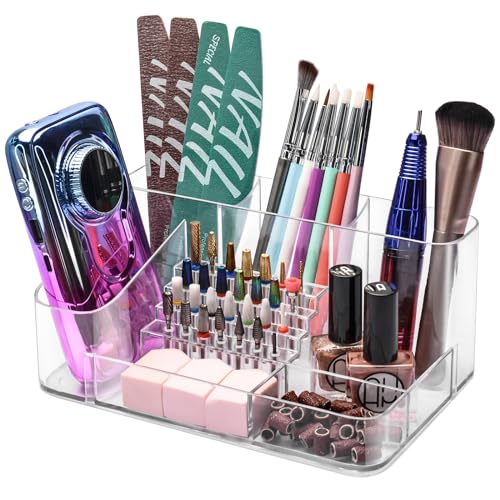 CGBE Nail Drill Machine & Nail Drill Holder, 28 Holes Transparent Acrylic Drill Bit Holder for Nails, Professional Nail Organizer and Storage Box Case (Not Including Nail Drill Machine & Bit)