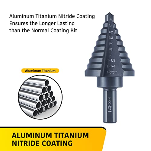 Anfrere 10 Sizes Step Drill Bit for Metal Sheet, 1/4 to 1-3/8 Inches High Speed Steel Drill Cone Bits for Hole Drilling Cutting, HSS Multi Size Hole Stepped Up Unibit