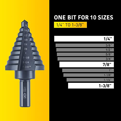 Anfrere 10 Sizes Step Drill Bit for Metal Sheet, 1/4 to 1-3/8 Inches High Speed Steel Drill Cone Bits for Hole Drilling Cutting, HSS Multi Size Hole Stepped Up Unibit