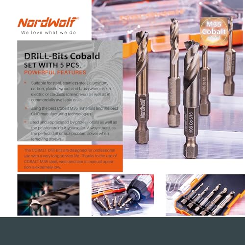 NordWolf 5-Piece M35 Cobalt Stubby Drill Bit Set for Stainless Steel & Hard Metals, with 1/4" Hex Shank for Quick Chucks & Impact Drivers, SAE Sizes 3/32"-1/8"-3/16"-1/4"-5/16" in Storage Case
