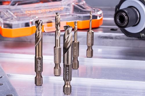 NordWolf 5-Piece M35 Cobalt Stubby Drill Bit Set for Stainless Steel & Hard Metals, with 1/4" Hex Shank for Quick Chucks & Impact Drivers, SAE Sizes 3/32"-1/8"-3/16"-1/4"-5/16" in Storage Case