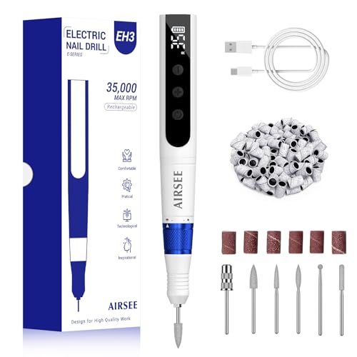 AIRSEE Cordless Electric Nail Drill 35000RPM Professional Portable Rechargeable E File Kit Efile Machine Filer for Acrylic Polish Gel Removal Manicure Remover Tool with 6 Bits and 50 Sanding Bands EH3