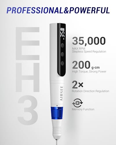 AIRSEE Cordless Electric Nail Drill 35000RPM Professional Portable Rechargeable E File Kit Efile Machine Filer for Acrylic Polish Gel Removal Manicure Remover Tool with 6 Bits and 50 Sanding Bands EH3