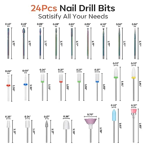 Modelones 24Pcs Nail Drill Bit Set, 3/32” Ceramic Diamond Carbide Nail Drill Bits, Acrylic Gel Nail Bit Kit, Cuticle Remover Bits for Acrylic Gel Dip Powder Nail Manicure Pedicure