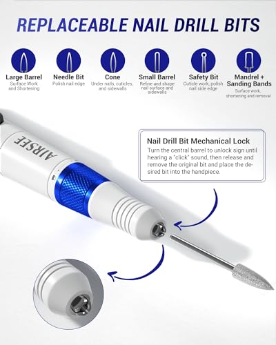 AIRSEE Cordless Electric Nail Drill 35000RPM Professional Portable Rechargeable E File Kit Efile Machine Filer for Acrylic Polish Gel Removal Manicure Remover Tool with 6 Bits and 50 Sanding Bands EH3