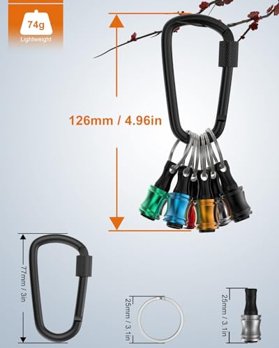 12pc Portable Bit holder Keychain, 1/4in Hex Shank Screwdriver Bit Clip for Impact Driver Flexible Drill Bit Extension Nut Driver W/Black Carabiner, Quick Release Lightweight Drill Screw Adapter