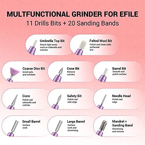 MelodySusie Electric Nail Drill Machine 11 in 1 Kit,PC120I Portable Electric Nail File Efile Set for Acrylic Gel Nails, Manicure Pedicure Tool with Nail Drill Bits Sanding Bands Dust Brush, Purple