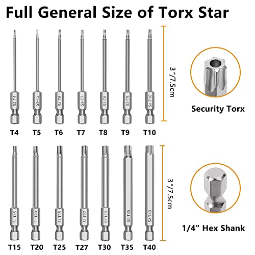MulWark 14PC Security Torx Bit Set 3" Long Tamper Proof Star Screwdriver Bit Set 1/4" Hex Shank S2 Steel T4 - T40 Magnetic Impact Driver Drill Bits