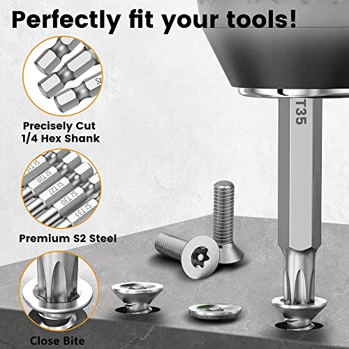 MulWark 14PC Security Torx Bit Set 3" Long Tamper Proof Star Screwdriver Bit Set 1/4" Hex Shank S2 Steel T4 - T40 Magnetic Impact Driver Drill Bits