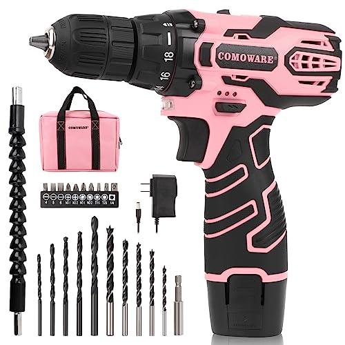 COMOWARE Cordless Drill Set, 12V Power Drill, Pink Drill Set for Women, 1 Battery & Charger, 3/8" Keyless Chuck, 2 Variable Speed, 0-450 & 0-1500 RPM, 18+1 Position and 23pcs Drill/Driver Bits