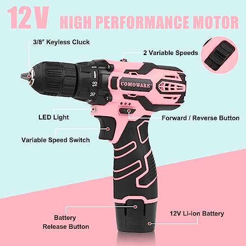 COMOWARE Cordless Drill Set, 12V Power Drill, Pink Drill Set for Women, 1 Battery & Charger, 3/8" Keyless Chuck, 2 Variable Speed, 0-450 & 0-1500 RPM, 18+1 Position and 23pcs Drill/Driver Bits