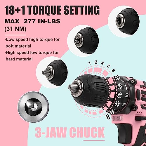 COMOWARE Cordless Drill Set, 12V Power Drill, Pink Drill Set for Women, 1 Battery & Charger, 3/8" Keyless Chuck, 2 Variable Speed, 0-450 & 0-1500 RPM, 18+1 Position and 23pcs Drill/Driver Bits