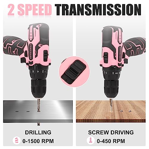 COMOWARE Cordless Drill Set, 12V Power Drill, Pink Drill Set for Women, 1 Battery & Charger, 3/8" Keyless Chuck, 2 Variable Speed, 0-450 & 0-1500 RPM, 18+1 Position and 23pcs Drill/Driver Bits