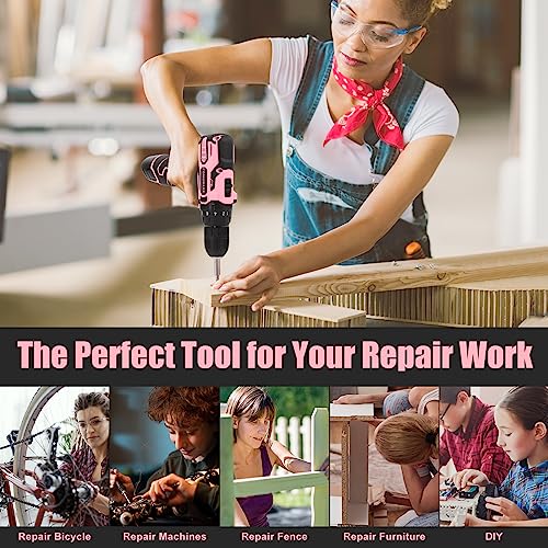 COMOWARE Cordless Drill Set, 12V Power Drill, Pink Drill Set for Women, 1 Battery & Charger, 3/8" Keyless Chuck, 2 Variable Speed, 0-450 & 0-1500 RPM, 18+1 Position and 23pcs Drill/Driver Bits