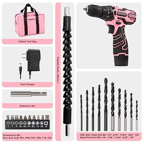 COMOWARE Cordless Drill Set, 12V Power Drill, Pink Drill Set for Women, 1 Battery & Charger, 3/8" Keyless Chuck, 2 Variable Speed, 0-450 & 0-1500 RPM, 18+1 Position and 23pcs Drill/Driver Bits