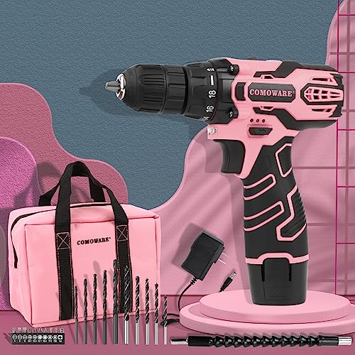 COMOWARE Cordless Drill Set, 12V Power Drill, Pink Drill Set for Women, 1 Battery & Charger, 3/8" Keyless Chuck, 2 Variable Speed, 0-450 & 0-1500 RPM, 18+1 Position and 23pcs Drill/Driver Bits