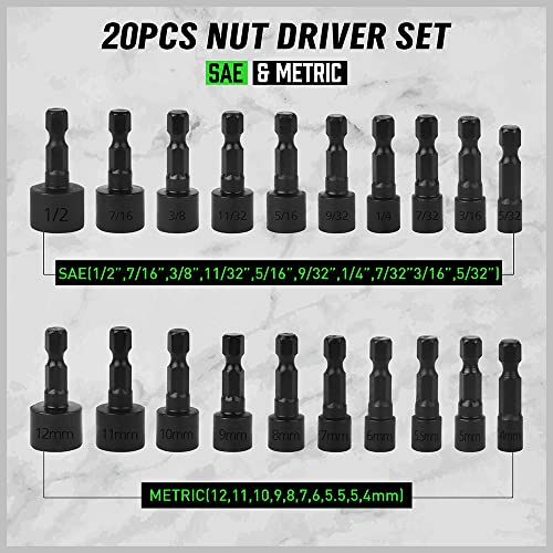 SWANLAKE 20PCS Power Nut Driver Set for Impact Drill, 1/4” Hex Head Drill Bit Set SAE and Metric