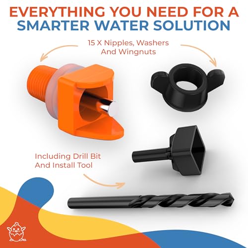 Lil'Clucker Horizontal Chicken Waterer Nipples, Pack of 15 Chicken Nipple Waterer with Drill Bits, Easy Install Automatic Chicken Waterer System, No Leak Chicken Water Feeder, Poultry Waterer - Orange