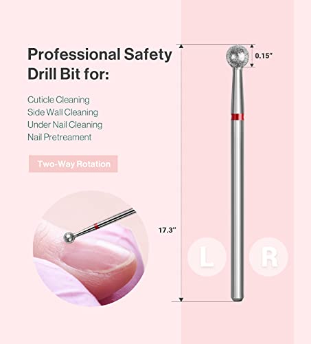 MelodySusie Ball Shape Cuticle Clean Nail Drill Bit 3/32'', Professional Safety Carbide Diamond Nail Bit Nail Cleaner for Cuticle Dead Skin Nail Prepare, Two Way Rotate, Manicure Nail Salon Supplies