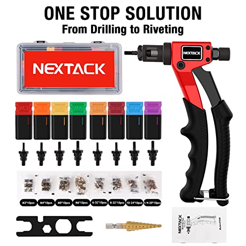 NEXTACK Rivet Nut Tool Rivet Nut Kit with a Step Drill Bit & 80 Nutserts for One-Handed in Tight Space, 8" Rivnut Tool Setter with 8 Mandrels Incl. 6-32 & 8-32 in Organized Rugged Carrying Case NT600