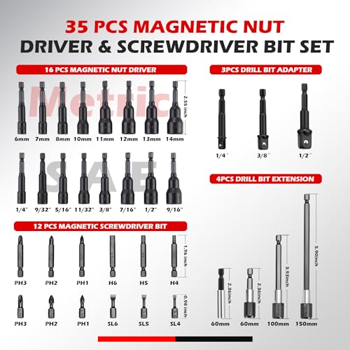 AKM TOOL 35Pcs Magnetic Nut Driver Set, Nut Driver Set for Impact Drill, 1/4" Quick-Change Hex Shank | SAE & Metric | Cr-V Steel, Magnetic Screwdriver Bit W/Drill Bit Extension & Drill Bit Adapter