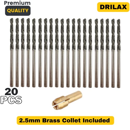 2.5mm Diamond Drill Bit Set 20 Pieces Twist Tip Drilling Sea Glass Shells Rocks for Ornaments Jewelry Necklace Earrings Pendants Bracelets Ceramic Porcelain Gems Includes Collet Compatible with Dremel