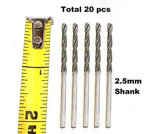 2.5mm Diamond Drill Bit Set 20 Pieces Twist Tip Drilling Sea Glass Shells Rocks for Ornaments Jewelry Necklace Earrings Pendants Bracelets Ceramic Porcelain Gems Includes Collet Compatible with Dremel