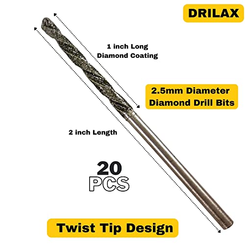 2.5mm Diamond Drill Bit Set 20 Pieces Twist Tip Drilling Sea Glass Shells Rocks for Ornaments Jewelry Necklace Earrings Pendants Bracelets Ceramic Porcelain Gems Includes Collet Compatible with Dremel