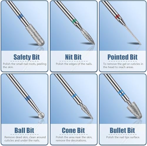 Depvko 13PC Nail Drill Bits Set, Drill Bits for Nails, 3pcs Tungsten Carbide Drill Bits+ 3pcs Ceramic Efile Nail Drill Bits+ 6pcs Diamond Drill Bits+ 1pcs Brush, 3/32 inch Nail Bits for Nail Drill