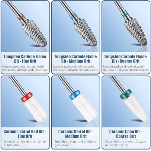 Depvko 13PC Nail Drill Bits Set, Drill Bits for Nails, 3pcs Tungsten Carbide Drill Bits+ 3pcs Ceramic Efile Nail Drill Bits+ 6pcs Diamond Drill Bits+ 1pcs Brush, 3/32 inch Nail Bits for Nail Drill