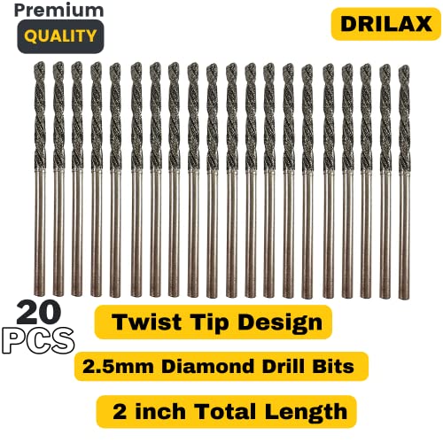 2.5mm Diamond Drill Bit Set 20 Pieces Twist Tip Drilling Sea Glass Shells Rocks for Ornaments Jewelry Necklace Earrings Pendants Bracelets Ceramic Porcelain Gems Includes Collet Compatible with Dremel