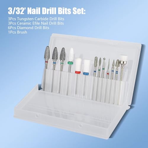 Depvko 13PC Nail Drill Bits Set, Drill Bits for Nails, 3pcs Tungsten Carbide Drill Bits+ 3pcs Ceramic Efile Nail Drill Bits+ 6pcs Diamond Drill Bits+ 1pcs Brush, 3/32 inch Nail Bits for Nail Drill