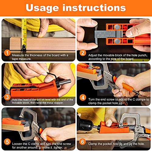 Pocket Hole Jig System Kit, Pocket Screw Jig with 11 Inch Clamp, Square Driver Bit, Hex Wrench, Depth Stop Collar, Step Drill Bit, Coarse Square Driver Screws, All In One for Joinery Work