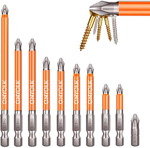 Onyolk 10-Piece Phillips Magnetic Screwdriver Bit Set, S2 Alloy Steel Anti-Slip Long Drill Bits, 1/4 Hex Shank, Fine Tooth Design, Strong Magnetism, Size 1"- 5", PH2