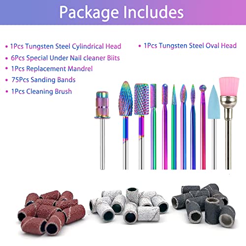 BQAN Nail Drill Bits, 10Pcs 3/32 inch Tungsten Carbide Drill Bit Set, with 75Pcs File Sanding Bands (#80#120#180 Grits), Professional Drill Bits Set for Acrylic Gel Nails, Manicure Pedicure