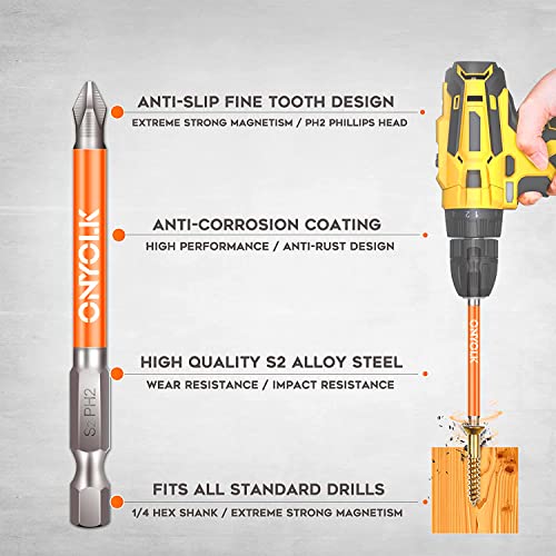 Onyolk 10-Piece Phillips Magnetic Screwdriver Bit Set, S2 Alloy Steel Anti-Slip Long Drill Bits, 1/4 Hex Shank, Fine Tooth Design, Strong Magnetism, Size 1"- 5", PH2