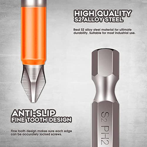 Onyolk 10-Piece Phillips Magnetic Screwdriver Bit Set, S2 Alloy Steel Anti-Slip Long Drill Bits, 1/4 Hex Shank, Fine Tooth Design, Strong Magnetism, Size 1"- 5", PH2
