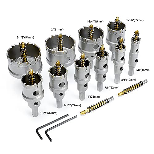ASNOMY 12PCS TCT Hole Saw Kit for Hard Metal, 5/8"-2-1/8" Inch Tungsten Carbide Tipped Hole Cutter Set with Titanium-Plated Pilot Drill bit for Metal, Stainless Steel, Iron, Wood, Plastic