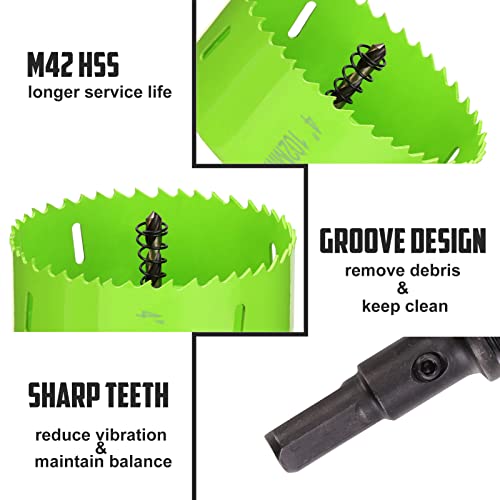Yougfin 4 inch 102mm Hole Saw, Bi-Metal HSS Hole Cutter with Hex Shank Drill Bit Adapter for Cornhole Boards, Metal, Drywall, Plasterboard, Wood and Plywood