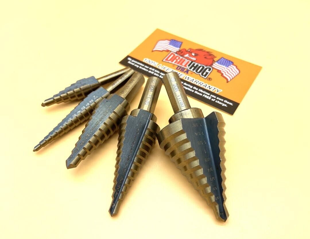 Drill Hog® Step Drill Bit Step Set Drill Bits UNIBIT Moly 5Pc Lifetime Warranty 
