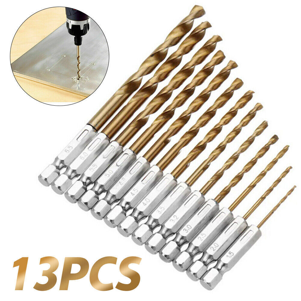 13Pcs HSS Drill Metal Bits Set Titanium Coated 1/4" Hex Shank Fits Impact Driver