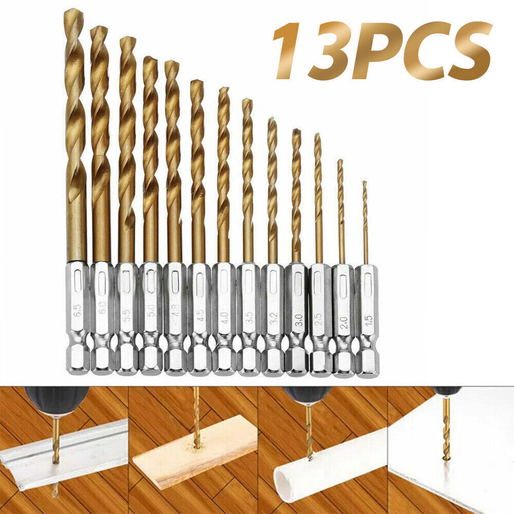 13Pcs HSS Drill Metal Bits Set Titanium Coated 1/4" Hex Shank Fits Impact Driver