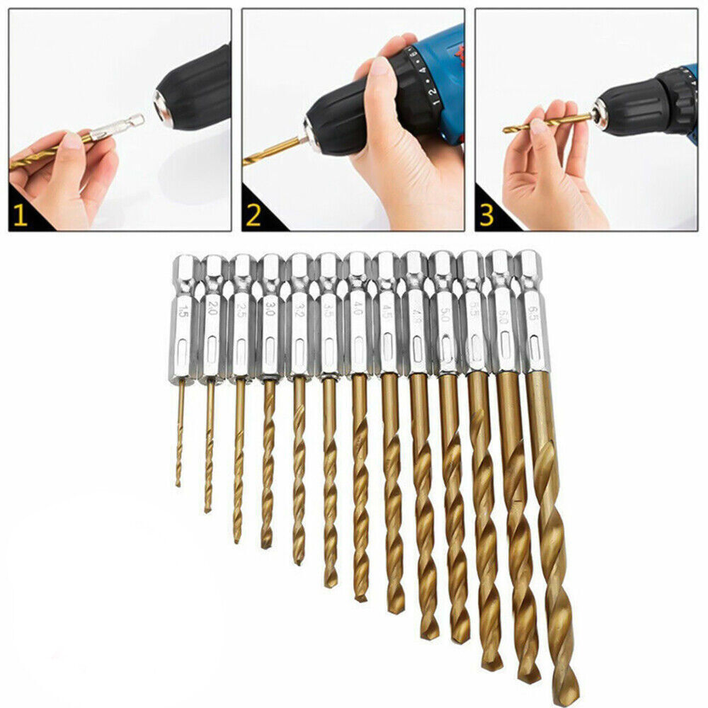 13Pcs HSS Drill Metal Bits Set Titanium Coated 1/4" Hex Shank Fits Impact Driver