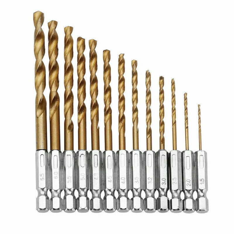 13Pcs HSS Drill Metal Bits Set Titanium Coated 1/4" Hex Shank Fits Impact Driver