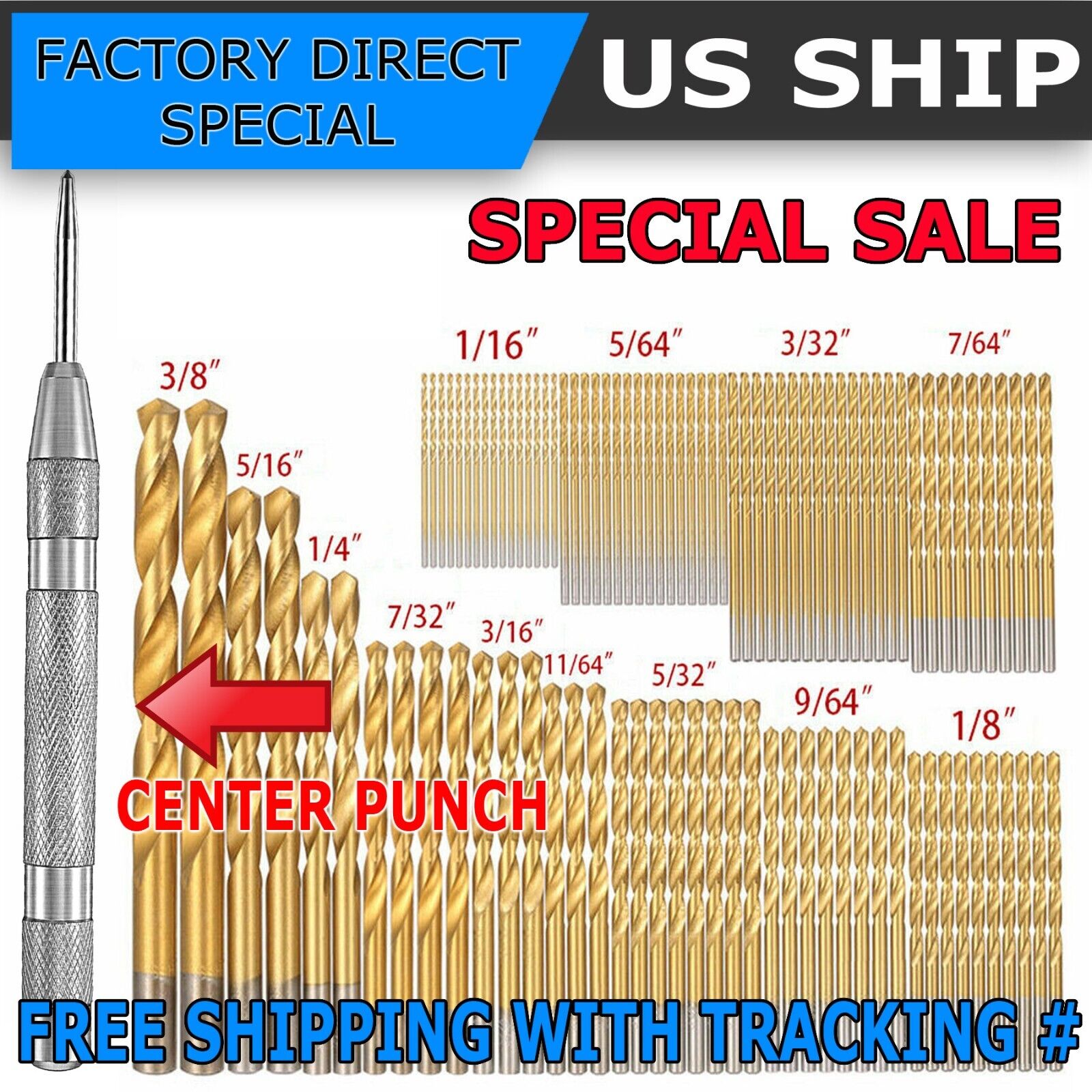 100PCS Drill Bit Set 1/16"-3/8" HSS Titanium Multi Drill Bits Twist Metal Tools