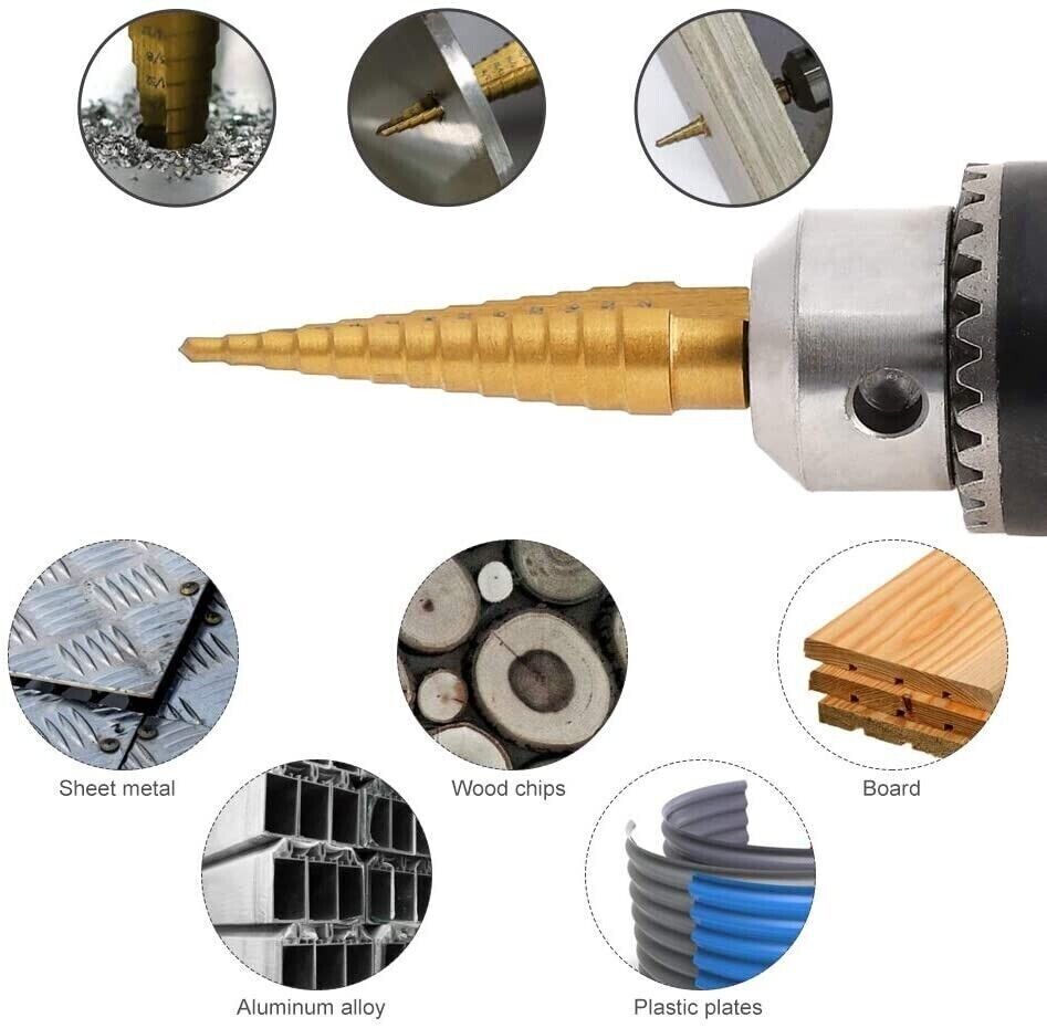 HSS 6PCS Titanium Step Drill Bit Set W Automatic Center Punch High Speed Steel