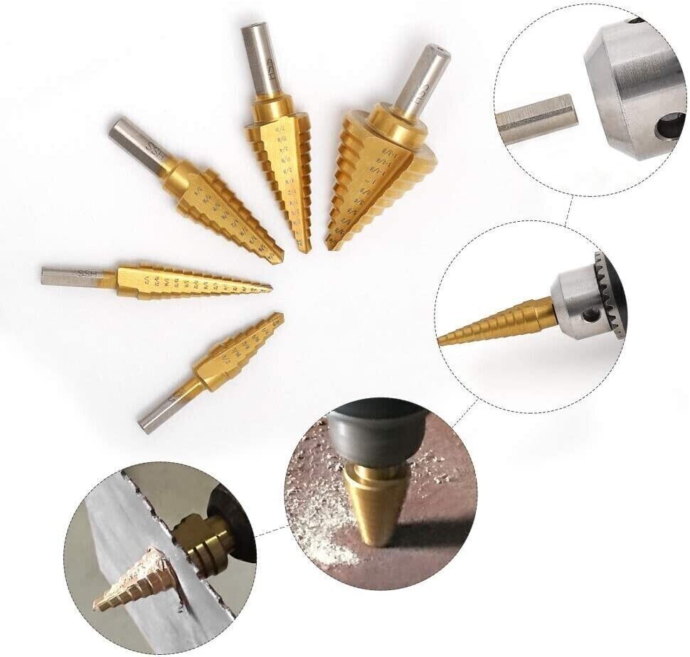 HSS 6PCS Titanium Step Drill Bit Set W Automatic Center Punch High Speed Steel