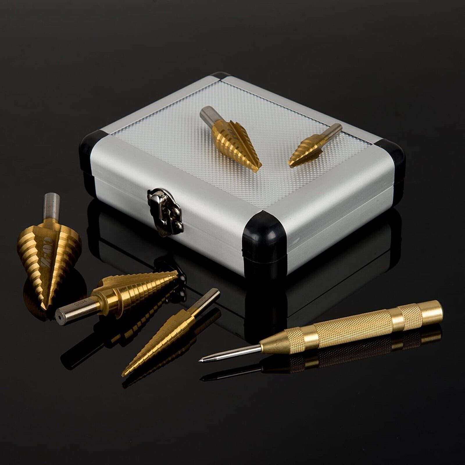 HSS 6PCS Titanium Step Drill Bit Set W Automatic Center Punch High Speed Steel